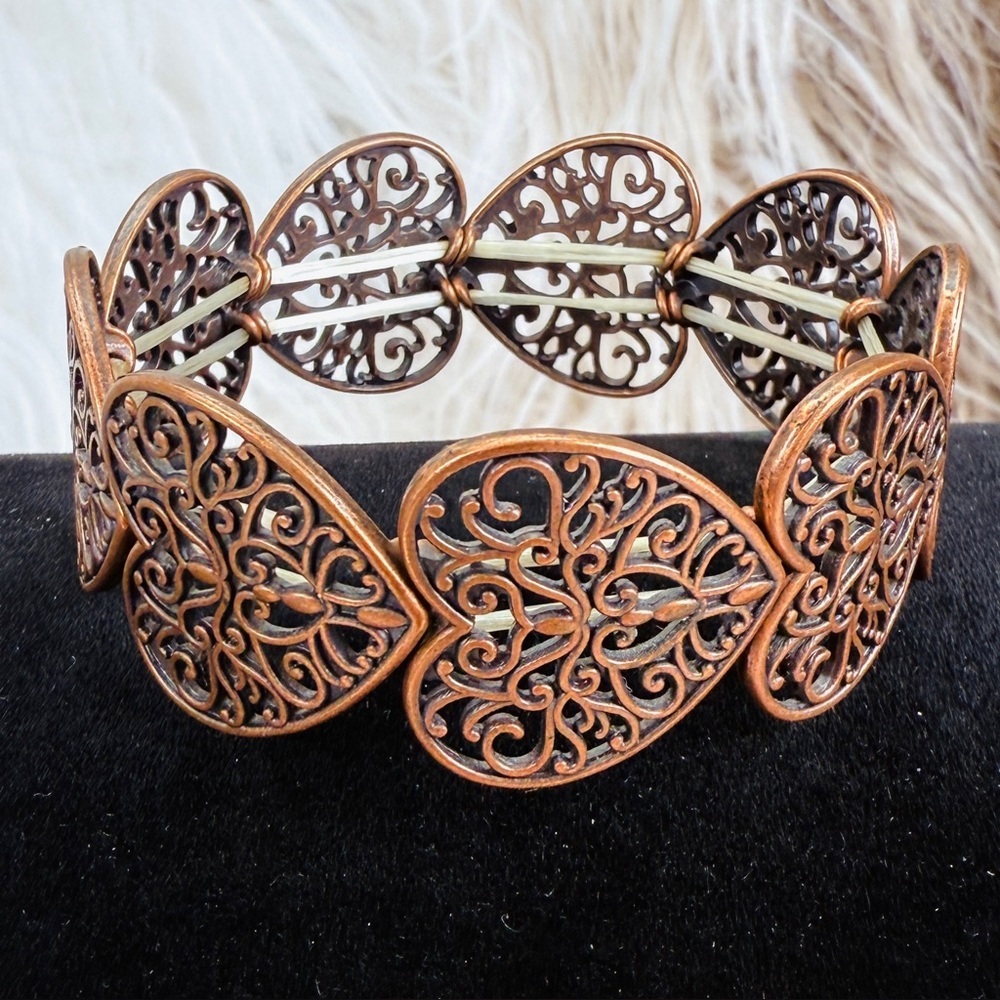 Copper tone Heart Filigree Stretch Bracelet - Picture 3 of 14